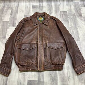 ✅Mens L Reg VTG Cabelas Brown Leather Bomber Jacket Quilted Lining *BROKEN SNAPS